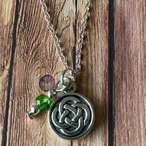 Celtic Knot with Bright Green Crystal Bead Necklace
